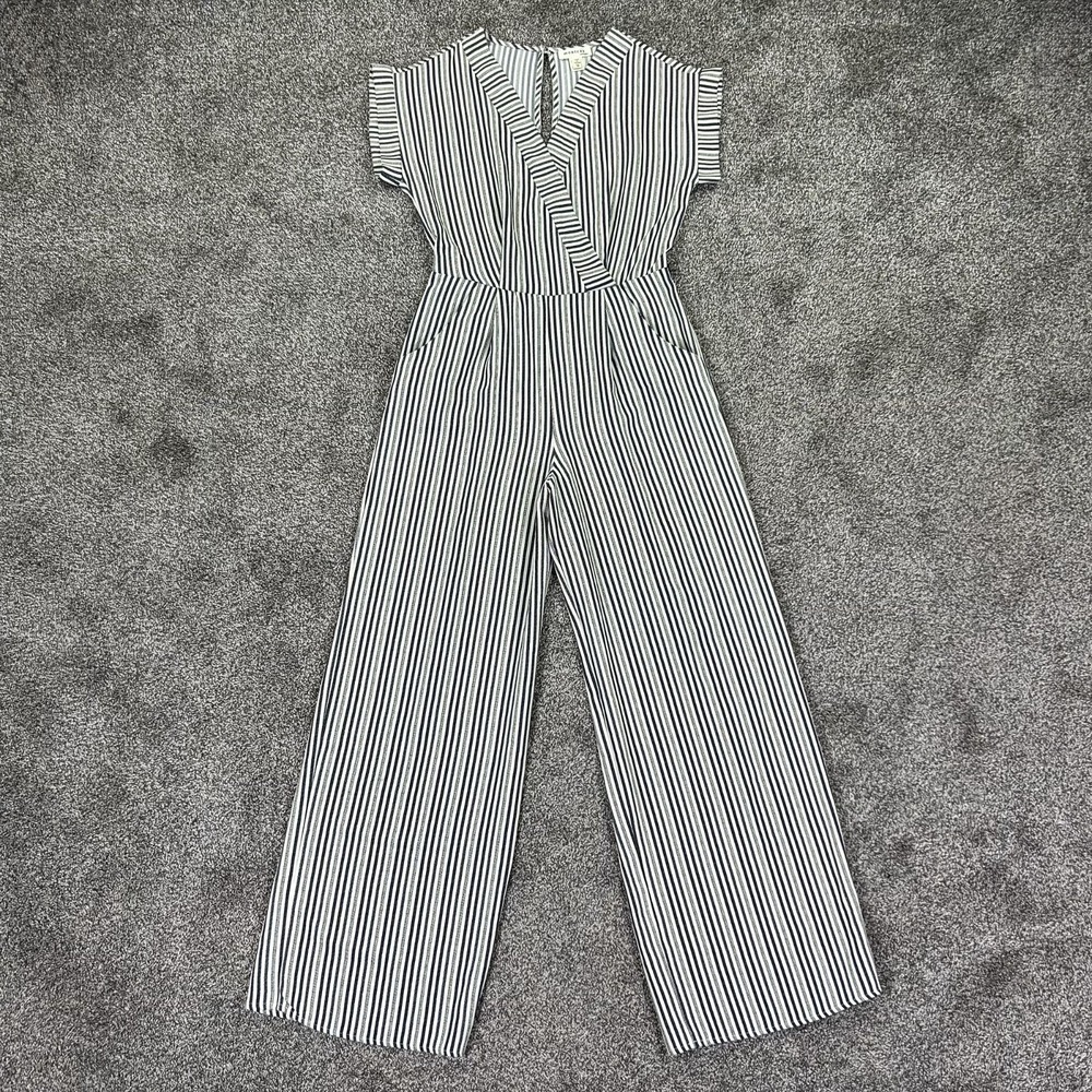 Monteau Los Angeles Womens Medium Striped Jumpsuit V-Neck‎ Cap Sleeves Casual